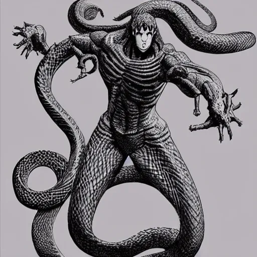 Image similar to a snake man, kentaro miura art style