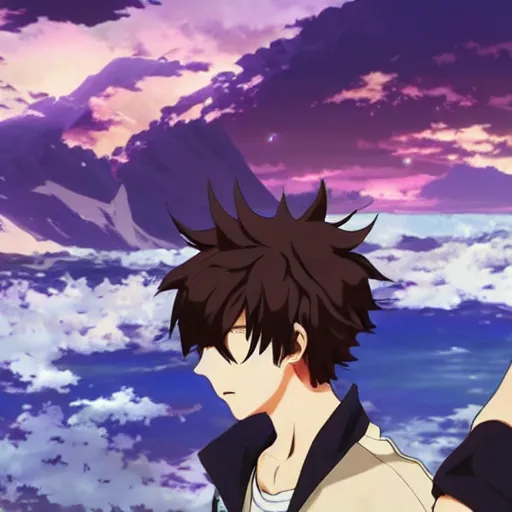 Prompt: epic anime battle brown haired boy summons a tsunami. makoto shinkai. kuvshinov ilya. shigenori soejima.