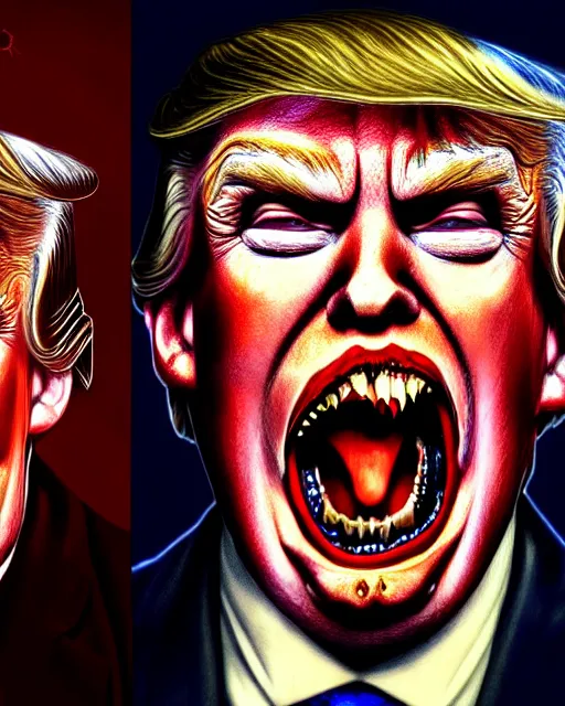 Prompt: donald trump as dracula with fangs out, character portrait, close up, concept art, intricate details, hyperrealism, photorealistic, in the style of otto dix and h. r giger