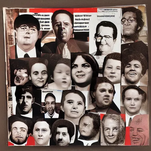 Image similar to vinyl LP cover for the 25th anniversary album by 'de portables' that is a cutout photo collage of only faces in all kinds of sizes and rotations from 1960 music magazines