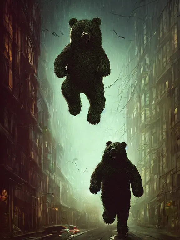 Image similar to A huge scary gummy bear killer is chasing me at night,dark street,alone,dim light,realistic,by Andrei Riabovitchev,Alex Horley,Heather Theurer,aaron horkey,Greg Rutkowski,trending on pinterest,full of color,cinematic,cinematic lighting