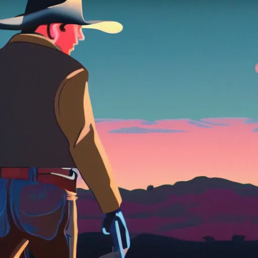 Image similar to screengrab of cowboy on the range, beautiful New Mexico landscape, Art Deco, pulp noir, dark deco, animated series, by Eric Radomski