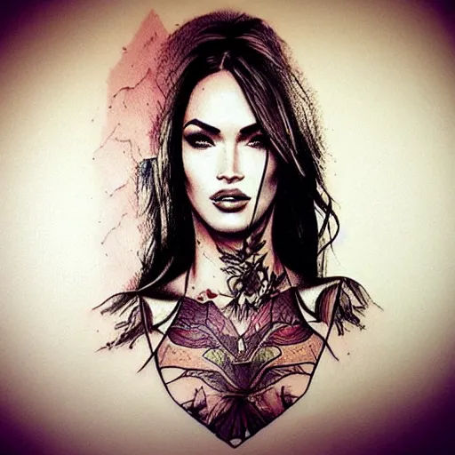 Image similar to tattoo design sketch of megan fox mash up effect with beautiful mountain scenery, in the style of matteo pasqualin, amazing detail