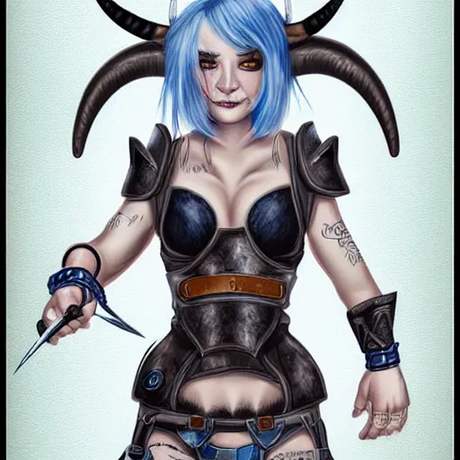 Prompt: illustrated realistic portrait female prong-horned kobold with blue bob hair and solid dark eyes wearing strap leather armor by rossdraws