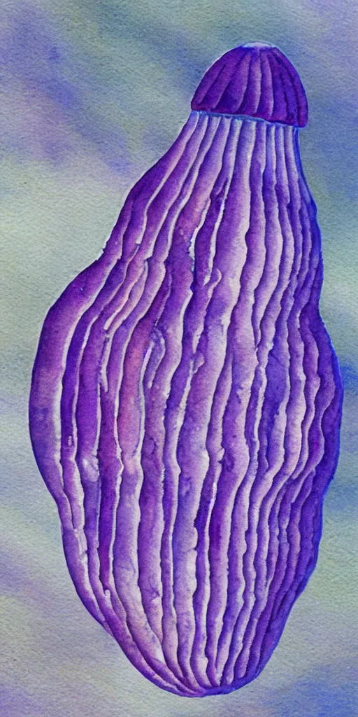 Prompt: a realist watercolor painting of a beautiful purple - striped jellyfish underwater, in the style of joseph zbukvic