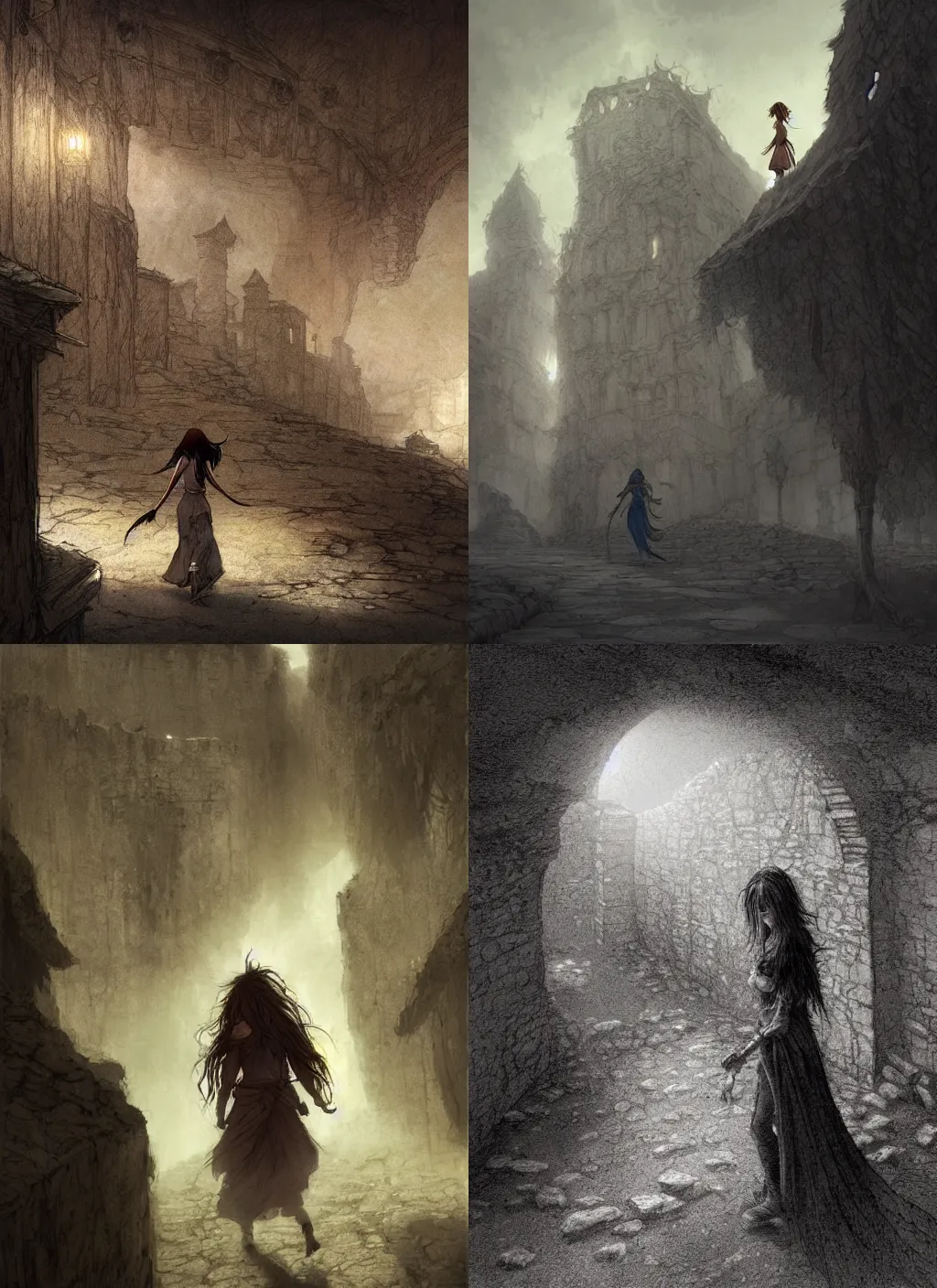Prompt: a woman with long hairs walks towards a tavern in a deserted stone city, in alan lee and marc simonetti and emil melmoth style , cinematic lighting