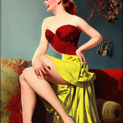 Image similar to beautiful woman in dress, by gil elvgren