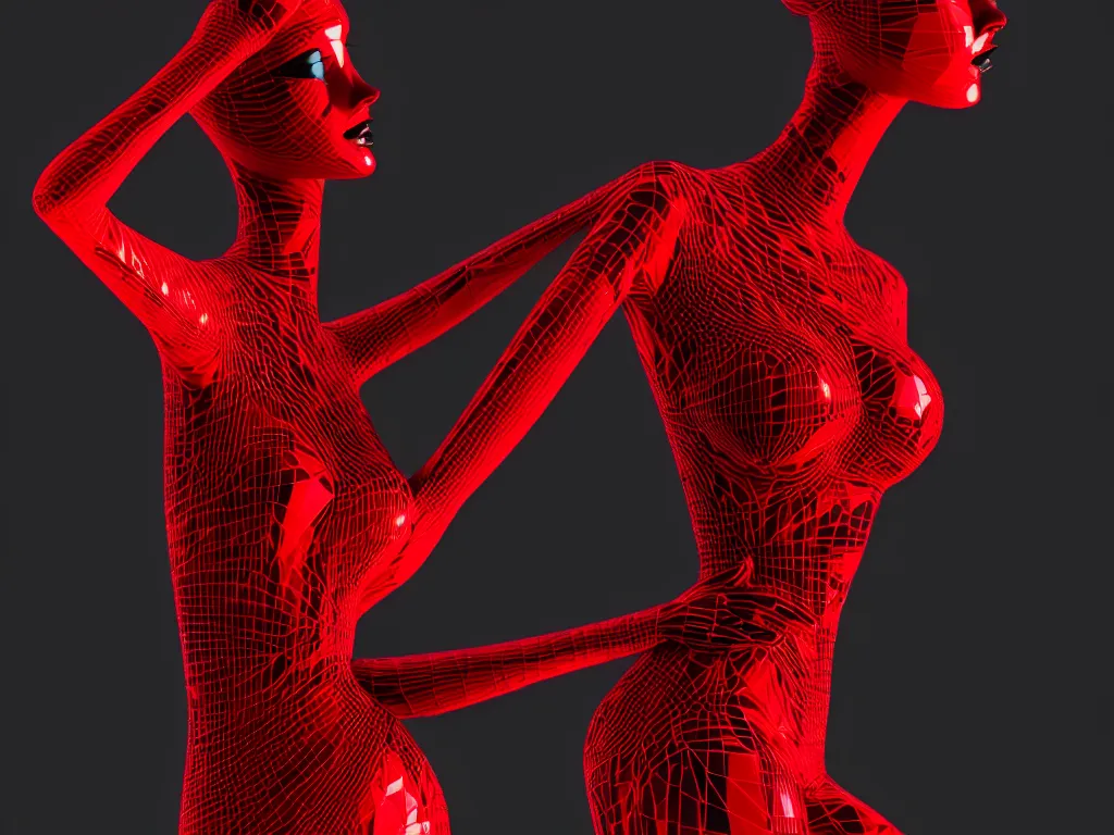 Image similar to a beautiful red and black 3 d geometrically printed mannequin in the style of james jean, chrome orchids dripping black iridescent liquid, winged victory, moody, dramatic, introspective, 4 k, trending on artstation, photorealistic, volumetric lighting, octane render