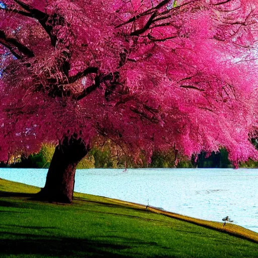 Image similar to Pink tree beside a large lake, landscape in the style of realism