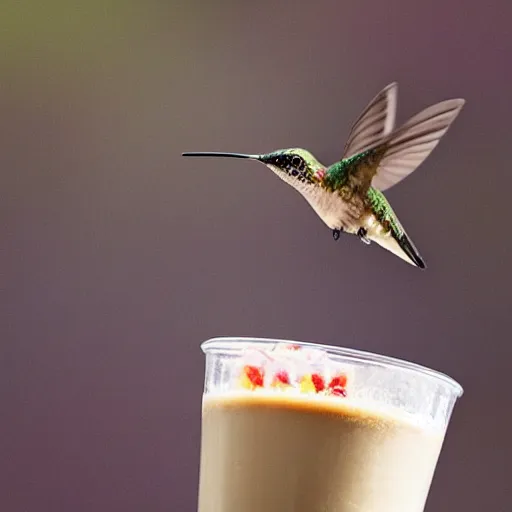 Image similar to photograph, a hummingbird drinking a milkshake from a straw, cherry on top