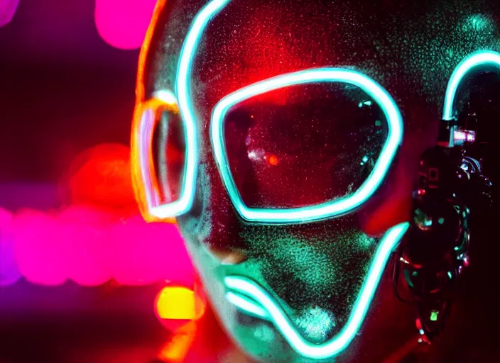 Image similar to a 3 5 mm photo of a cybernetic woman with led lights and neon with chrome details, splash art, movie still, bokeh, canon 5 0 mm, cinematic lighting, dramatic, afrofuturism, film, photography, golden hour, depth of field, award - winning, anamorphic lens flare, 8 k, hyper detailed, 3 5 mm film grain