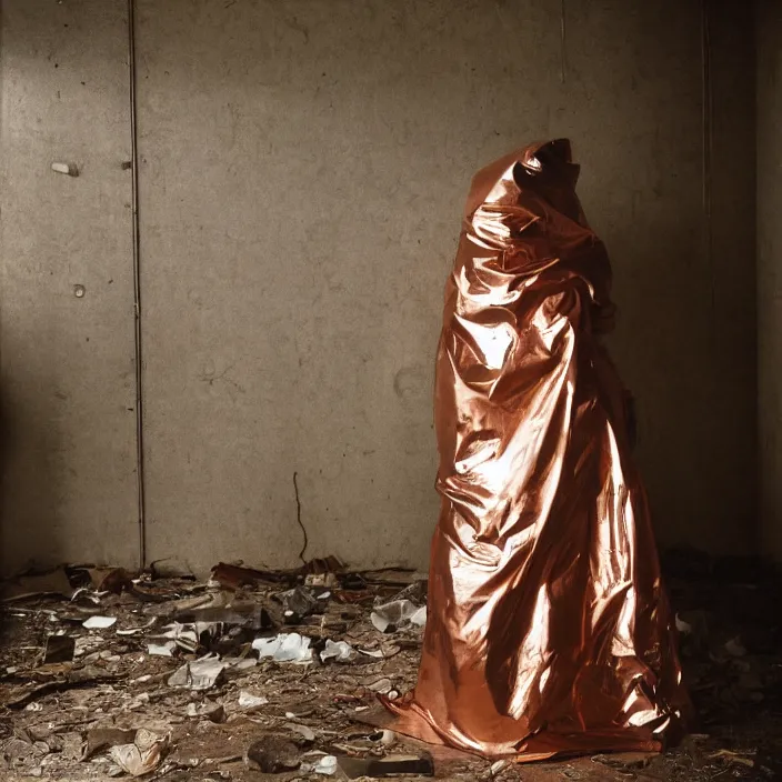 Image similar to closeup portrait of a woman wrapped in copper cellophane, standing in a derelict building interior, color photograph, by gregory crewdson, canon eos c 3 0 0, ƒ 1. 8, 3 5 mm, 8 k, medium - format print