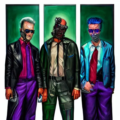 Image similar to portrait of three cyberpunk mobsters, detailed painting