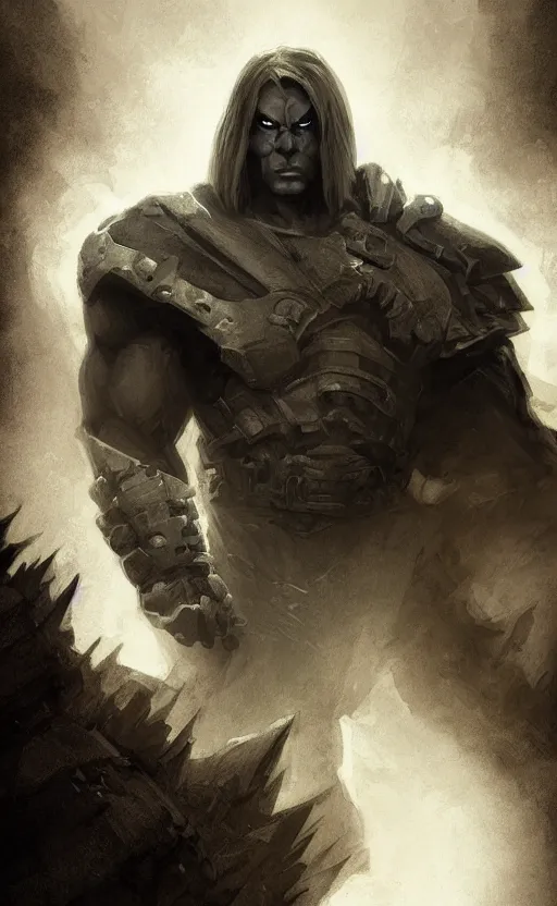 Prompt: Full body centered uncut character pose of mysterious-eerie-ominous He-Man, dark grey shadowy smokey background, atmospheric, cinematic, Epic, ultra-detailed, sharp focus, colored illustration, artwork by Jordan Grimmer and Greg Rutkowski