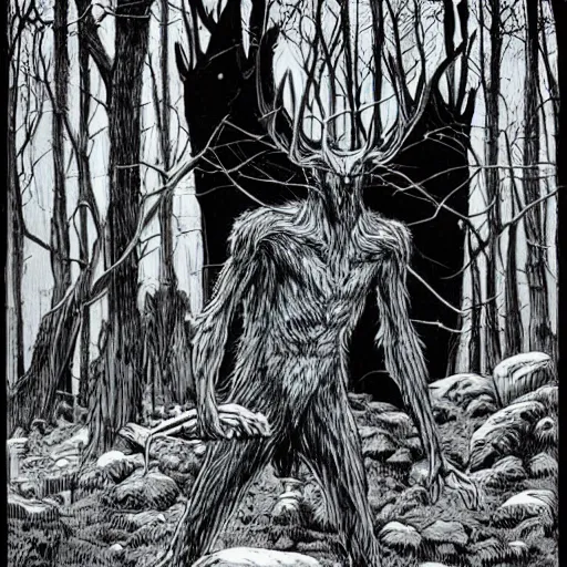 Image similar to wendigo in the woods, Michael Whelan, pen and ink, black and white