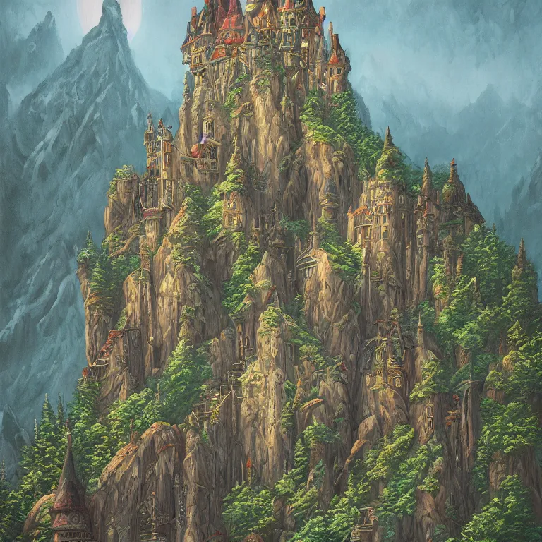 Image similar to a beautiful ultradetailed painting of high fantasy surreal arcane castle on a green mountain above a forest by wes anderson trending on artstation