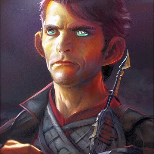 Image similar to beautiful portrait painting of a very short and small male halfing bard from pathfinder, evil smirk, narcissist, self centered, casting fireball, painted by larry elmore, wayne reynolds, greg rutkowski, magic the gathering, dungeons and dragons, dishonored 2