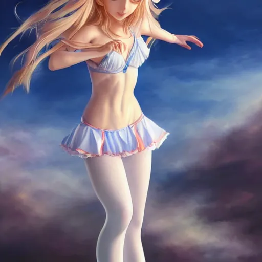 Image similar to a very beautiful young mature anime ballet girl, full body, long wavy blond hair, sky blue eyes, full round face, short smile, bikini, miniskirt, highly detailed, cinematic wallpaper by stanley artgerm lau