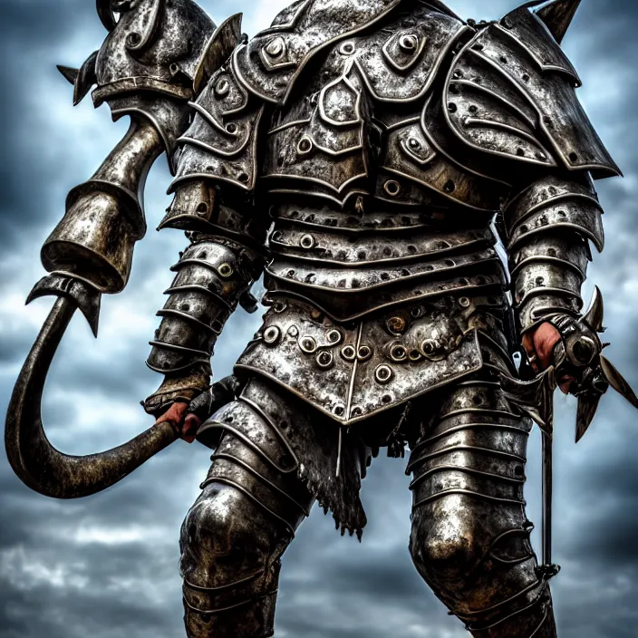 Image similar to photo of a warrior with metal whale themed armour, highly detailed, 4 k, hdr, smooth, sharp focus, high resolution, award - winning photo