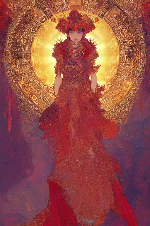 Image similar to tarot card artstation, portrait of an asian love dancer, sunrise, baroque ornamnet and rococo ornament, ancient chinese ornate, hyperdetailed, beautiful lighting, craig mullins, mucha, klimt, yoshitaka amano, red and gold and orange color palatte