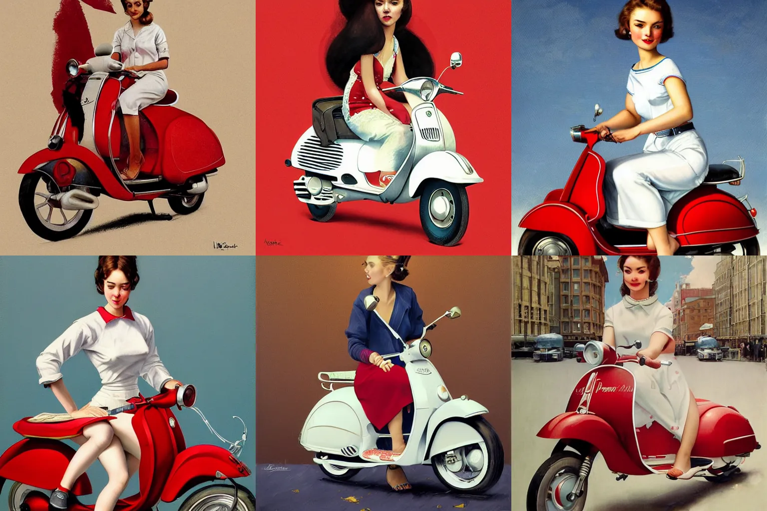 Prompt: cute 1 9 6 0's young woman on a white and cherry red vespa on white background, intricate, highly detailed, digital painting, artstation, concept art, smooth, sharp focus, illustration, art by norman rockwell emiliano ponzi andrey remnev yoann lossel aaron jasinski, 8 k