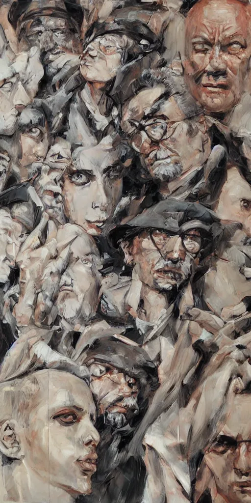 Image similar to oil painting scene from wall full of portraits art by kim jung gi