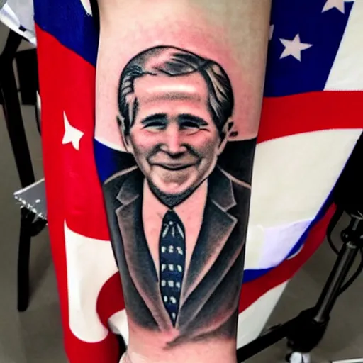 Prompt: tattoo of george w. bush with a mission accomplished! banner
