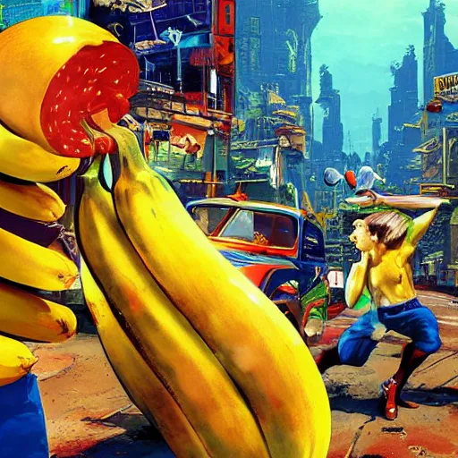 Image similar to The Banana Blue Gang, game poster printed on playstation 2 video game box , Artwork by Craig Mullins, cinematic composition