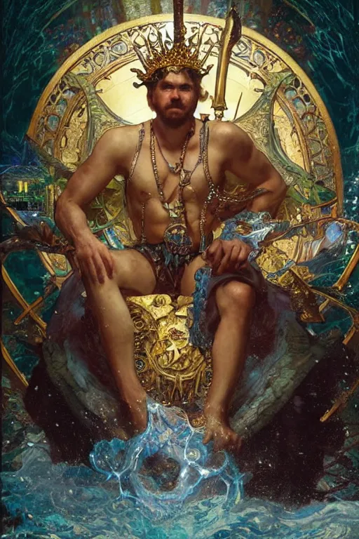 Image similar to The King of Atlantis sitting on his throne, portrait by Stanley Artgerm Lau, greg rutkowski, thomas kindkade, alphonse mucha, loish, norman Rockwell