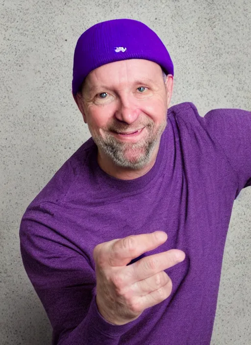 Image similar to portrait photo still of real life craig tucker wearing a purple hat and purple clothes, 8 k, 8 5 mm, f. 1 4