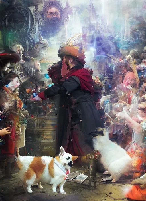 Image similar to beautiful fantasy painting of corgi magician blessing human, by Ruan Jia, Edwin Henry Landseer, Jake Parker. Trending on Artstation, 8k, masterpiece, graffiti paint, fine detail, full of color, intricate detail