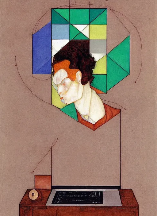 Image similar to creative coder with a computer in geometric harmony, by egon schiele and quint buchholz, portrait, colorful, escher, detail