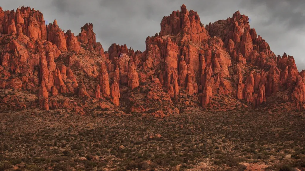 Prompt: an atmospheric film still by Christopher Nolan with a huge towering dark gothic cathedral carved out of rock at the top of a red rock canyon