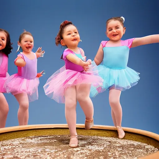 Prompt: group of tiny girls dancing around the rim of a toilet bowl. Perspective photograph