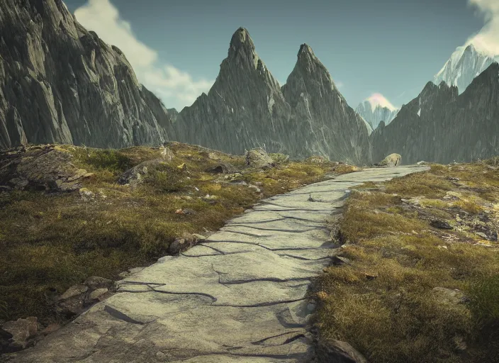 Image similar to pathway between mountains, rocks unreal engine render