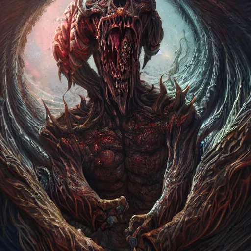 Image similar to horrifying monster in hell, maximalist, high detail, 8k, ornate, dark fantasy, realistic, masterpiece, Trending on art station, complex, WLOP