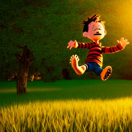 Prompt: A young boy jumping over a wooden fence in a grass field, golden hour, digital art, trending on artstation and unreal engine, in the style of Calvin and Hobbes