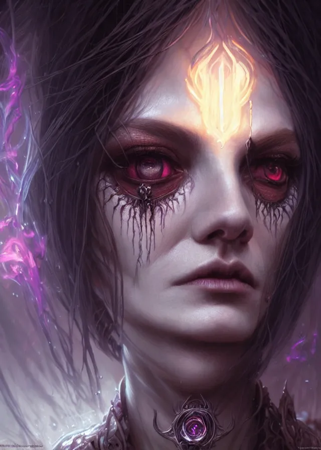 Image similar to Necromancer Sorceress face close-up macro in center, fantasy magic, undercut hairstyle, dark light night, intricate, elegant, sharp focus, illustration, highly detailed, digital painting, concept art, matte, art by WLOP and Artgerm and Greg Rutkowski and Alphonse Mucha, masterpiece