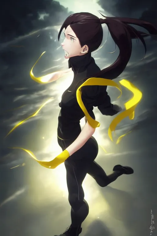 Prompt: black ponytail hair, pale woman in a black zipper jacket, yellow eyes, by artgerm, hair tied in a ponytail, white backdrop, soft lighting, fighting pose, dynamic angle, by greg rutkowski makoto shinkai takashi takeuchi