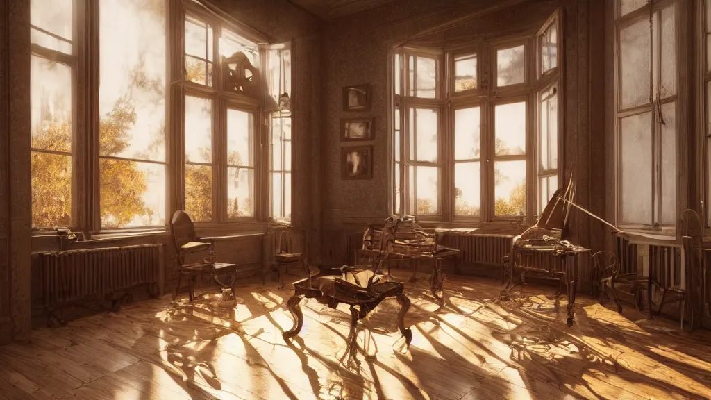 Image similar to one violin on an antique wooden desk in a richly decorated Victorian house, beautiful reflexions, detailed wooden table, photorealistic, photorealism, the autumn light comes in through a window, diffuse light, octane render