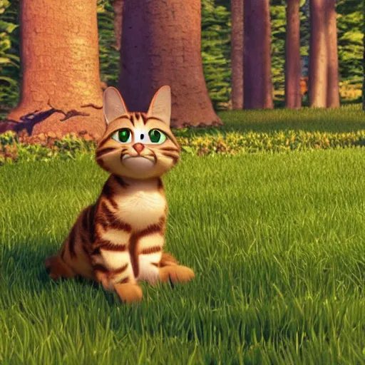 Image similar to pixar movie, brown tabby cat, 3 d, cute pixar _ tabby _ cat in a forest