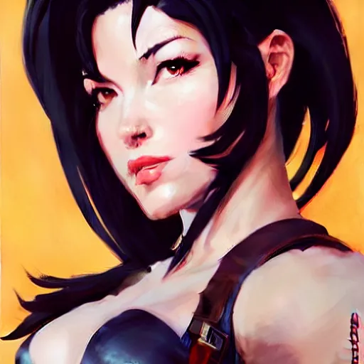 Image similar to Greg Manchess portrait painting o Tifa Lockheart as Overwatch character, medium shot, asymmetrical, profile picture, Organic Painting, sunny day, Matte Painting, bold shapes, hard edges, street art, trending on artstation, by Huang Guangjian and Gil Elvgren and Sachin Teng