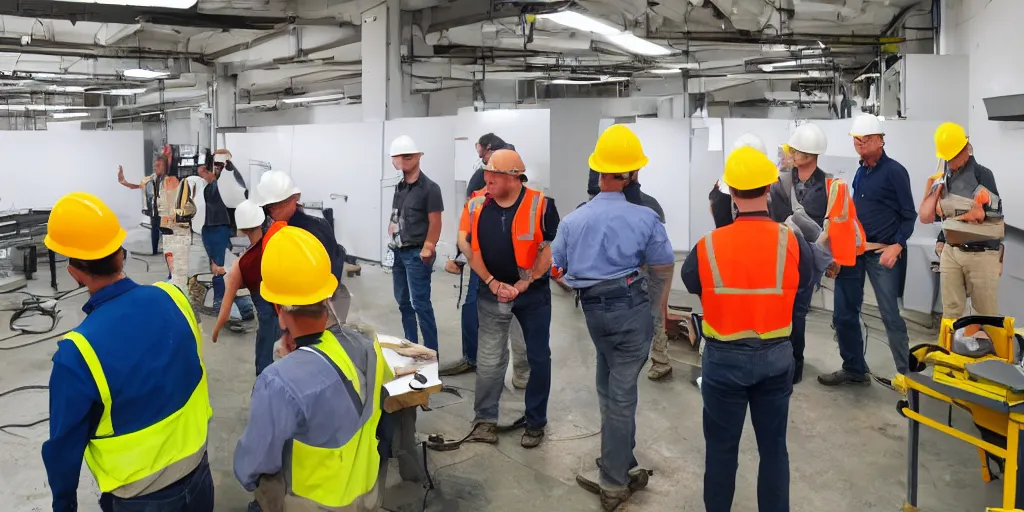 Prompt: workshop safety committee inspection, official photo, realistic, wearing hard hats, wearing safety glasses, 4k