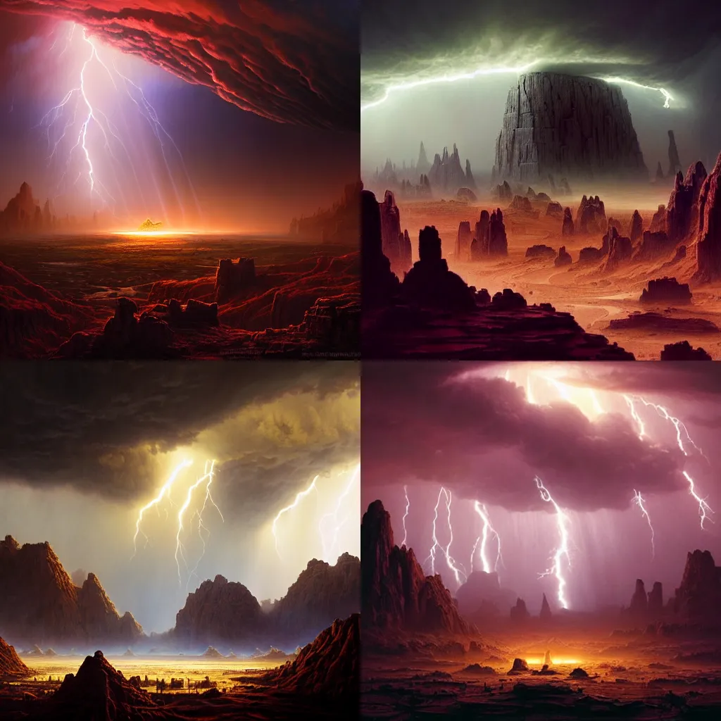 Prompt: an epic colossal scene in a forgotten ancient city of demigods from the exoplanet Gliese 581c on a harsh alien desert day under UV sun, by Nathan Dane Clarke, by Bruce Pennington, masterpiece, cinematic composition, aesthetic, dynamic, beautiful, detailed, beautiful lighting, stormy weather, thunder, dark clouds, heavy rain, 8K, no frames, rtx on