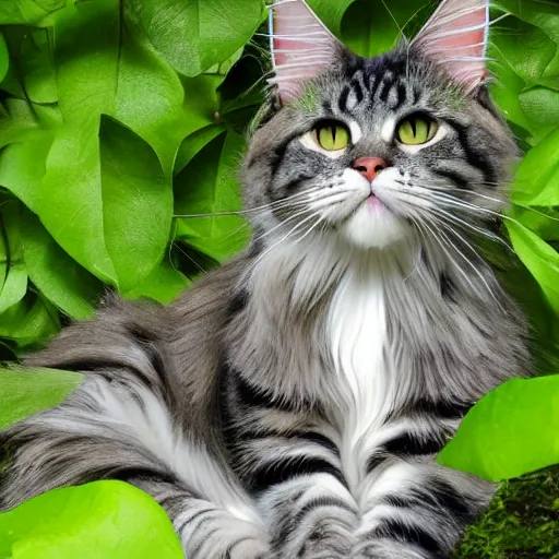 Prompt: a maincoon cat among big green leaves, realistic, very detailed,