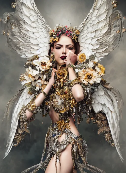 Image similar to expressive full body photo of an angel, ornate headpiece made from flowers, ornaments, glamour shot, by karol bak, by stefan gesell, photorealistic, canon r 3, fashion photography, hyper maximalist, elegant, ornate, luxury, elite, environmental portrait, symmetrical features, octane render, unreal engine, solid dark grey background, dramatic lights