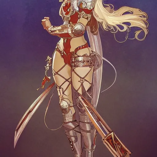 Prompt: female medieval knight concept design, fantasy, painted by alphonse mucha and artgerm, artstation