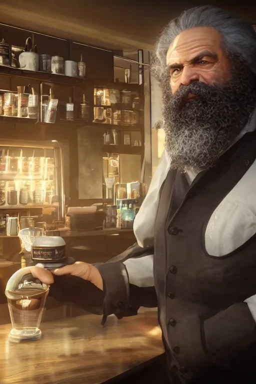 Prompt: Karl Marx working as a Starbucks Barista, hyperrealistic, concept art, octane render, unreal engine 5, trending on DeviantArt, highly detailed, high quality, 8K, soft lighting, cute, natural lighting, realistic face, trending on Artstation, elegant clothes, profile picture, path traced, house background