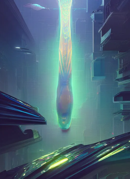 Prompt: illustration of hologram of a cuttlefish looming over a tiny city, science fantasy, extremely detailed, holographic, smooth, digital illustration, by, kuvshinov ilya, james jean, by rossdraws, frank franzzeta, sakimichan, jeremy lipking