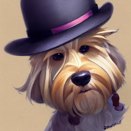 Image similar to anime portrait of the cutest yorkshire terrier detective wearing a fedora hat by Stanley Artgerm Lau, WLOP, Rossdraws, James Jean, Andrei Riabovitchev, Marc Simonetti, and Sakimichan, trending on artstation